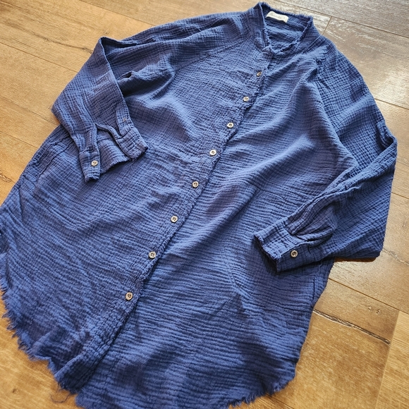 Paintcolors womens blue lagenlook tunic textured button-up small bohocore casual - Picture 2 of 9